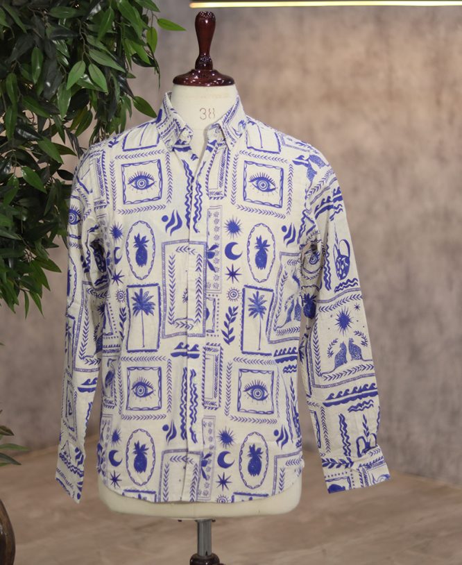 White & Blue Linen Printed Shirt