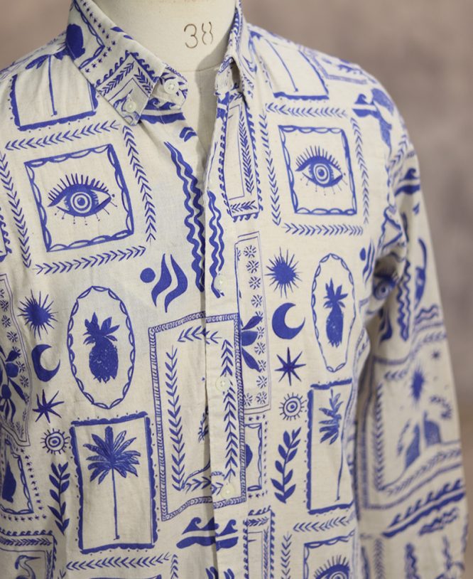 White & Blue Linen Printed Shirt - Image 2