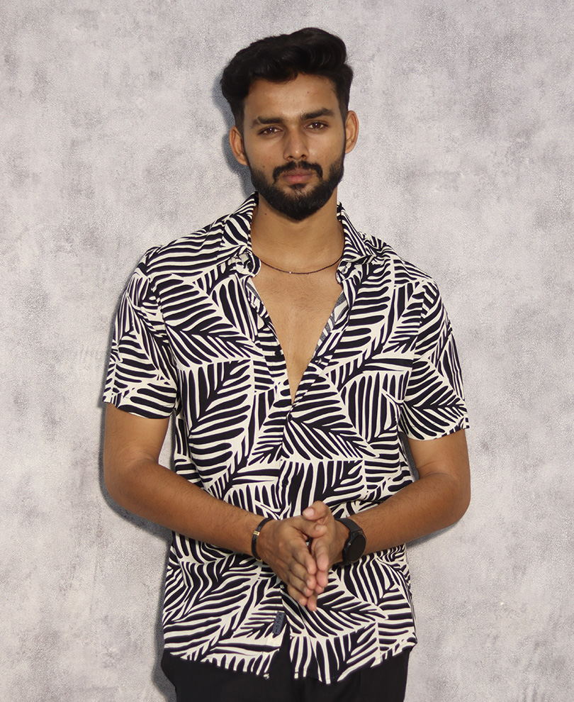 White & Black Printed Shirt Half