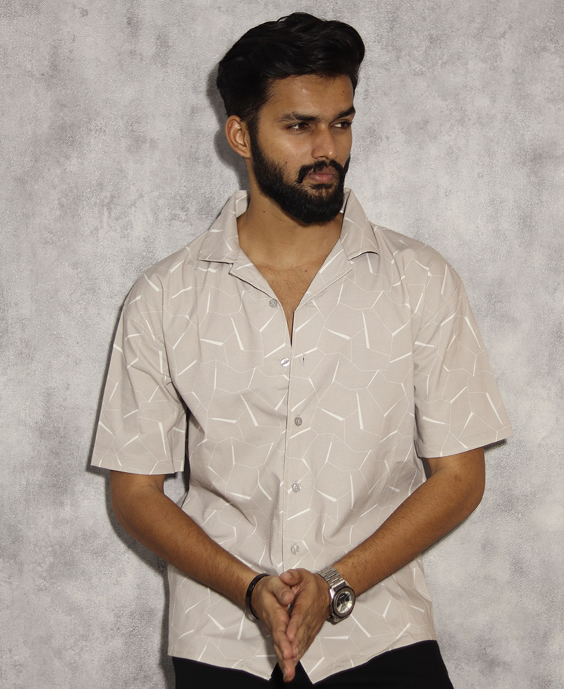Grey Cuban Collar Printed Shirt