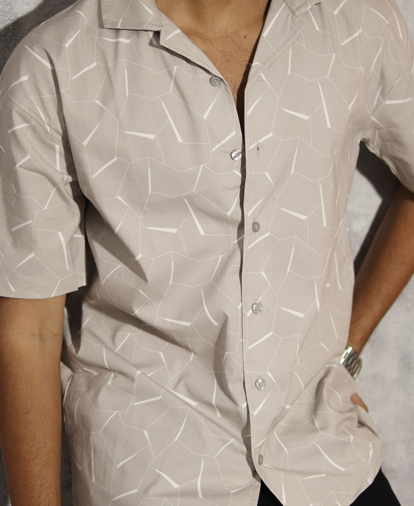 Grey Cuban Collar Printed Shirt - Image 2